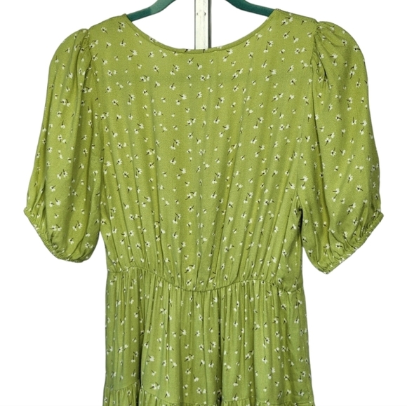 LUSH Sz S Tiered Ruffle Babydoll Mini Dress Ditsy Celery NWOT - Picture 5 of 10